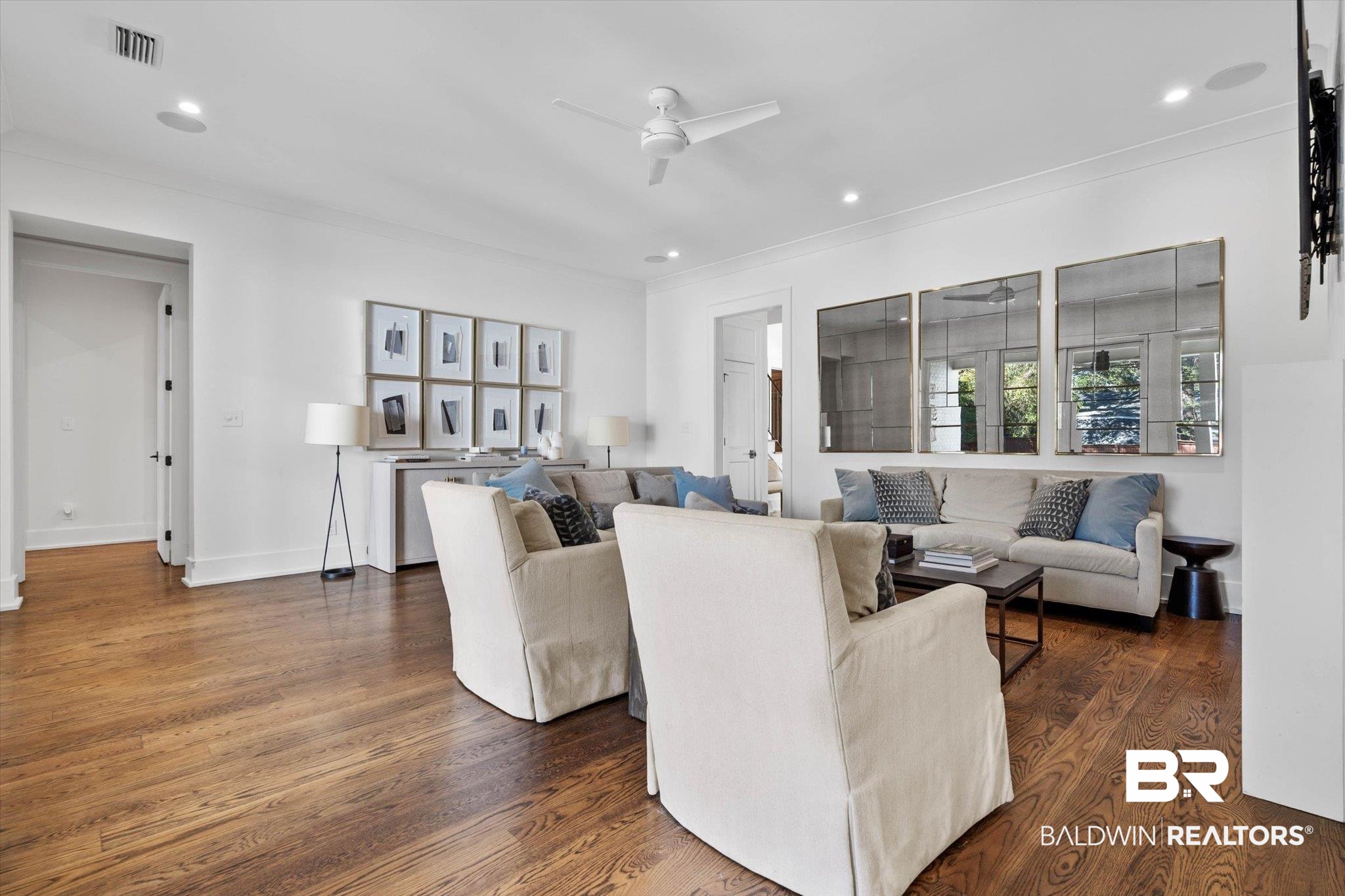 4602 Kingswood Drive Mobile, AL 36608 - Photo 9 of 45 Living room with dark wood-type flooring, recessed lighting, and ceiling fan