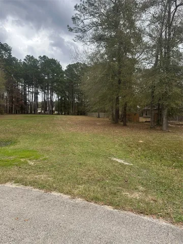 a view of a field with an trees in the background