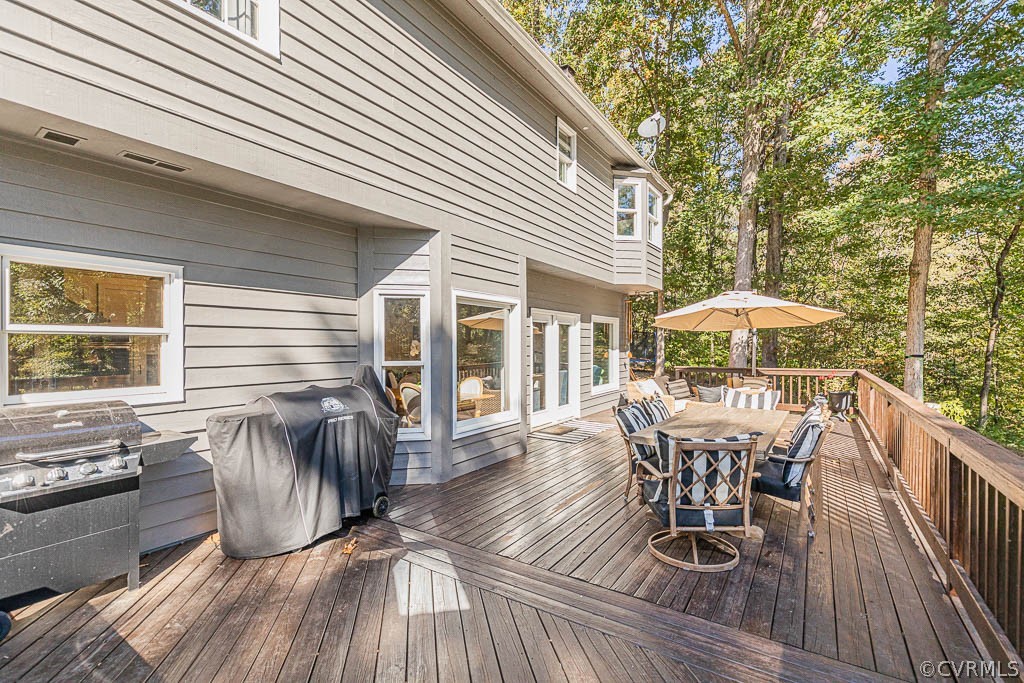 2090 Strawberry Run Crozier, VA 23039 - Photo 42 of 47 a view of a roof deck with table and chairs under an umbrella with wooden floor