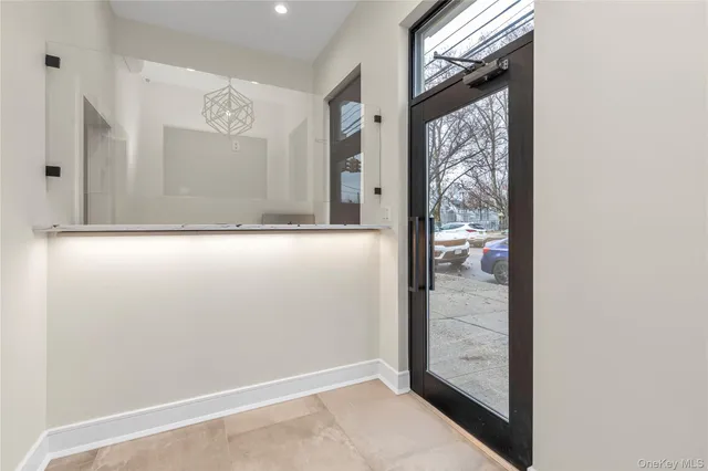 an empty room with a bathroom