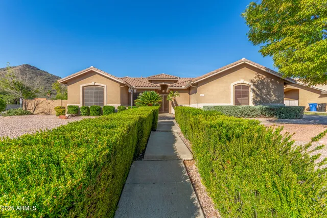 a view of a house with a small yard plants and large trees