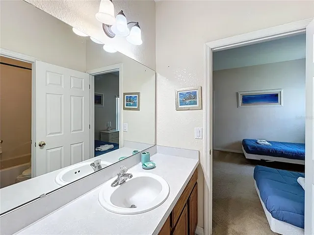 a bathroom with a sink and a mirror