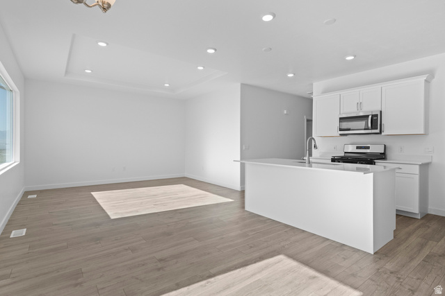 2823 North 710 West, Unit 16 Logan, UT 84321 - Photo 15 of 22 Kitchen with white cabinets, a kitchen island with sink, stainless steel appliances, recessed lighting, and light wood finished floors