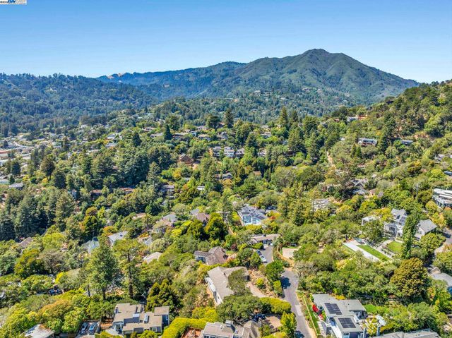 a view of a large mountains with a lush green field