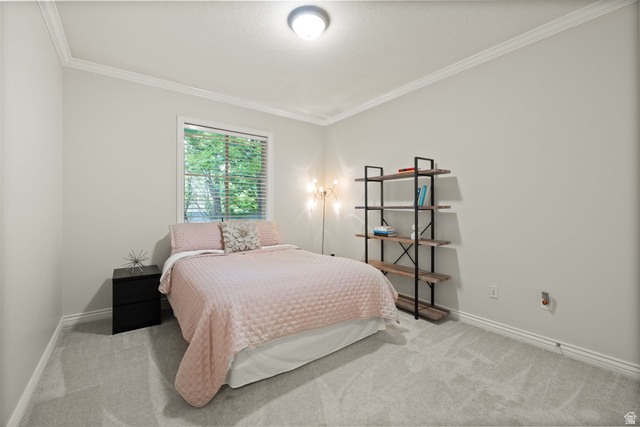 6208 West Bull River Road Highland, UT 84003 - Photo 39 of 90 Bedroom featuring light gray walls, white crown molding, and a rectangular window with blinds