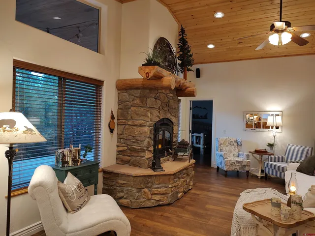 a living room with furniture potted plant and a fireplace