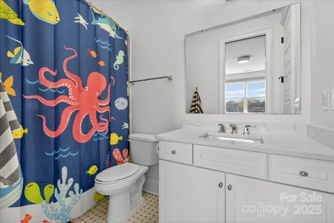 a bathroom with a sink mirror vanity and toilet
