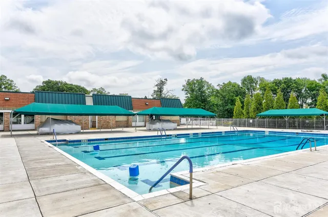 a view of swimming pool with outdoor seating and plants