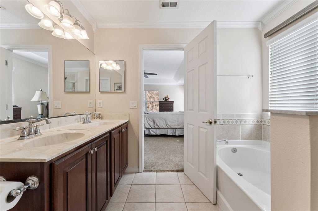 14790 Tullamore Loop Winter Garden, FL 34787 - Photo 25 of 42 a en suite spacious bathroom with a granite countertop double vanity sink a mirror and a bathtub