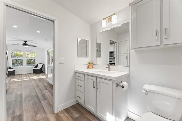 a bathroom with a sink a toilet a mirror and vanity