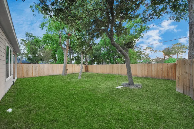 a view of a house with backyard and a tree