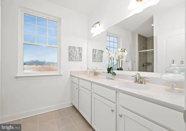 a bathroom with a double vanity sink and a mirror