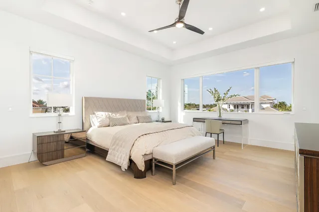 a spacious bedroom with a bed and a table in it