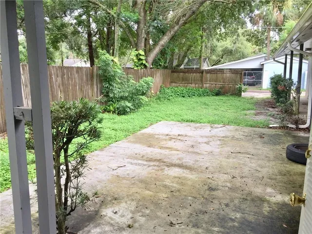 a view of a backyard with plants and large trees