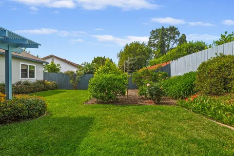 a view of a house with a big yard plants and large trees