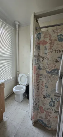 a white toilet sitting next to a shower curtain