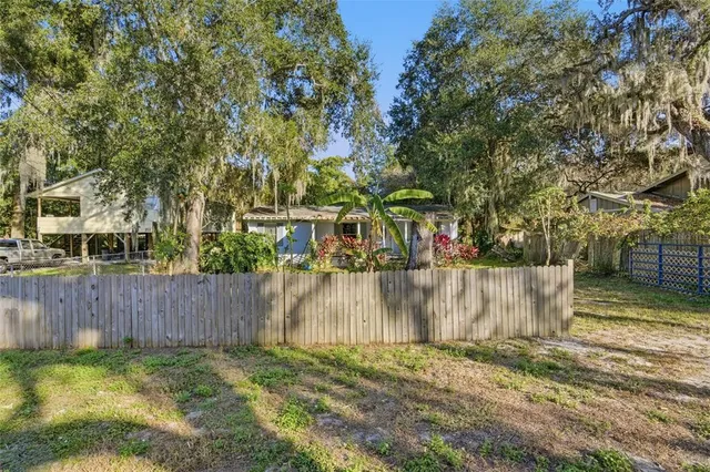a view of a yard with plants and trees