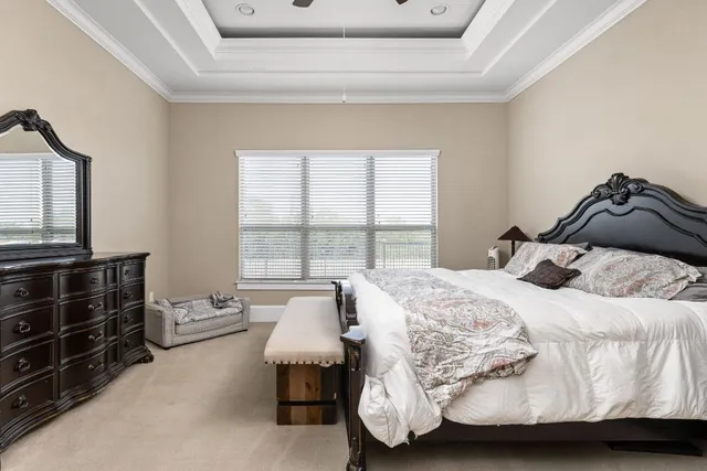 a bedroom with a bed and a ceiling fan