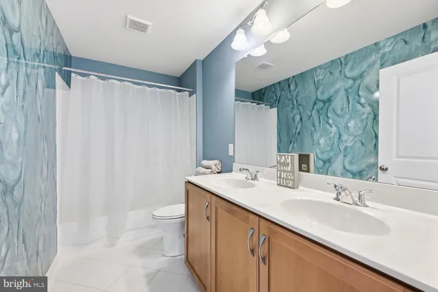 a bathroom with a double vanity sink mirror and toilet