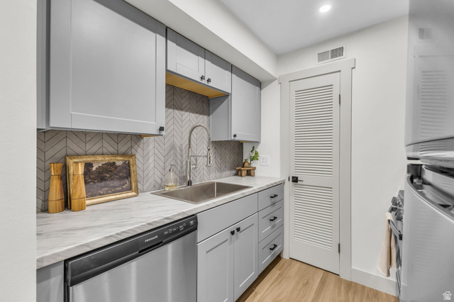 88 West 50 South, Unit C8 Centerville, UT 84014 - Photo 9 of 29 Galley kitchen featuring light gray cabinetry, a herringbone tile backsplash, and a stainless steel sink with a gooseneck faucet