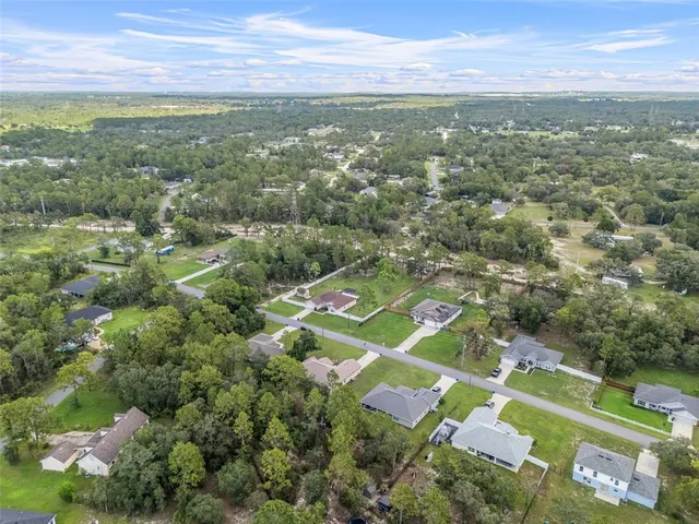 an aerial view of residential houses with outdoor space and trees