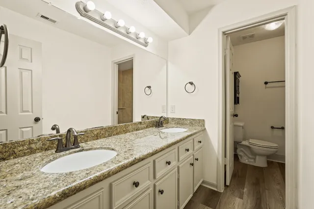 a bathroom with a granite countertop sink a toilet and shower