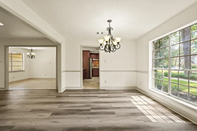 a view of a chandelier and window