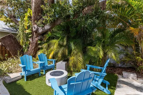 a backyard of a house with table and chairs