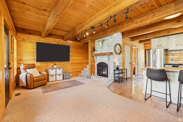 11237 East Aspen Road, Unit 74 Heber City, UT 84032 - Photo 7 of 32 Vaulted wood-paneled ceiling with exposed beams