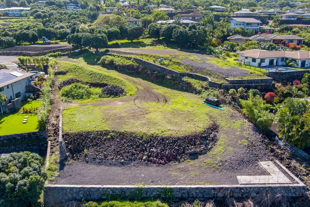 a view of a swimming pool with a yard and plants
