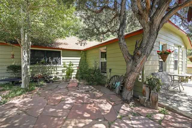 a view of a house with a small yard and a large tree