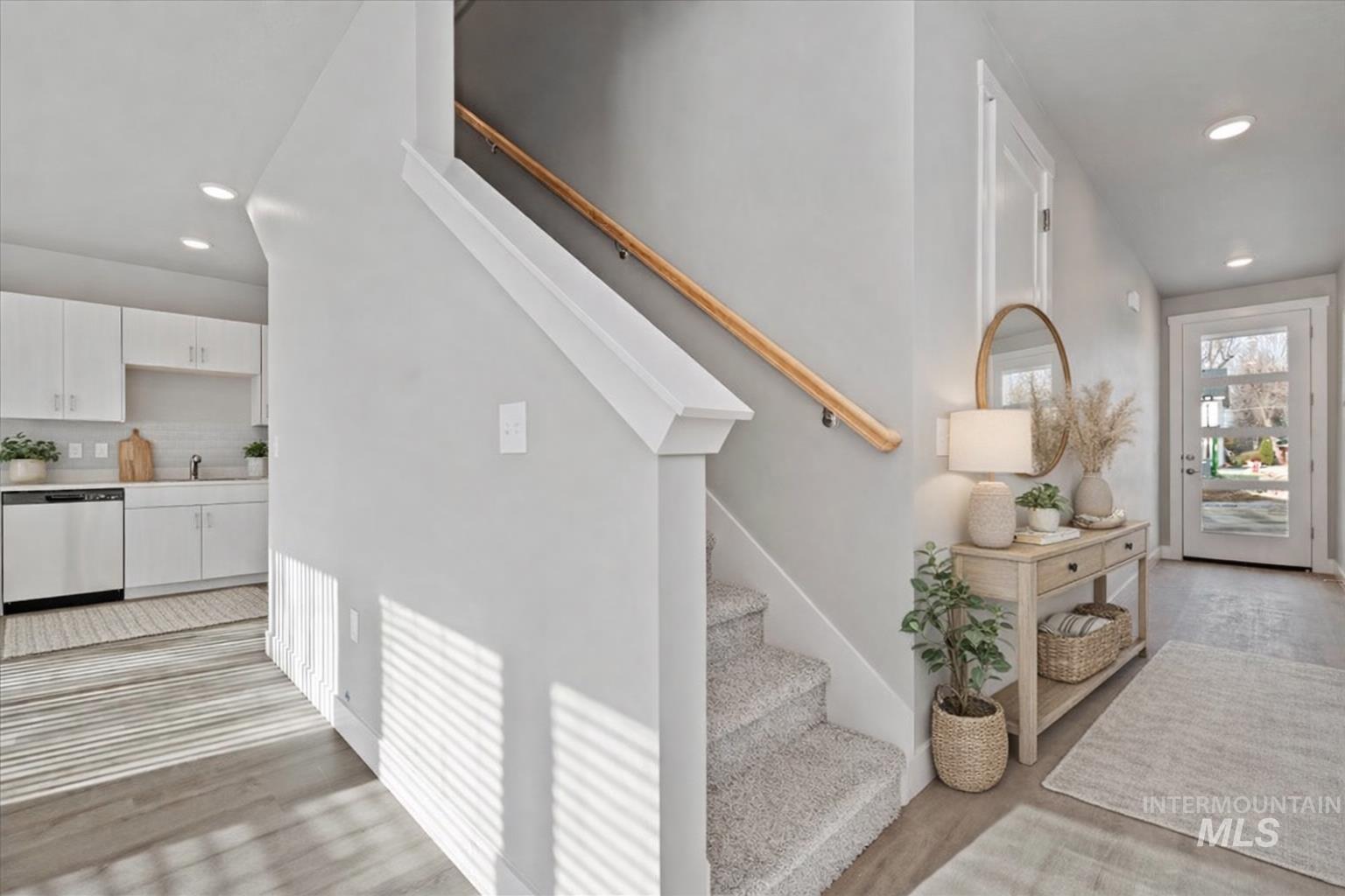 2791 West Palouse Street Boise, ID 83705 - Photo 15 of 26 Foyer entrance with recessed lighting, stairs, and light wood-type flooring