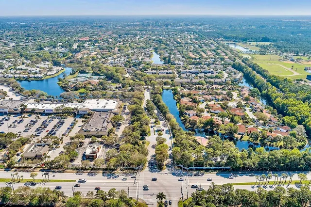 an aerial view of a house with a yard and potted plants