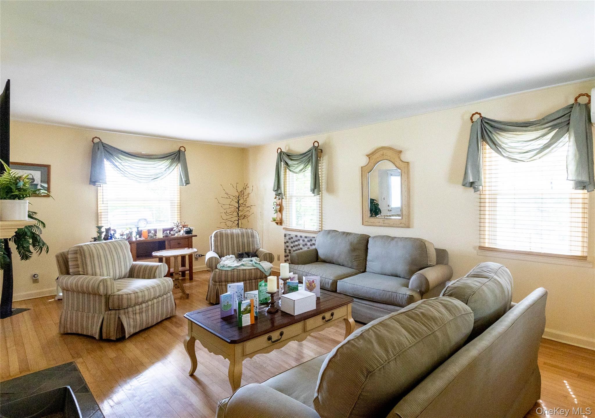 90 Sunset Road Bay Shore, NY 11706 - Photo 15 of 31 Spacious living area featuring light wood-finish flooring, multiple windows with blinds, a fireplace with a dark hearth, and light-colored walls
