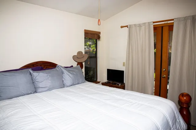 a bedroom with a bed and a closet