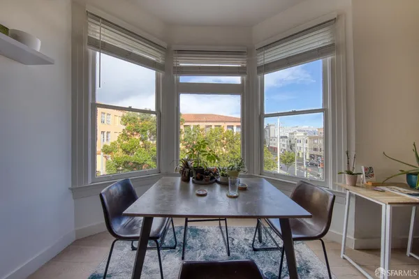 a view of a dining room with furniture window and outside view