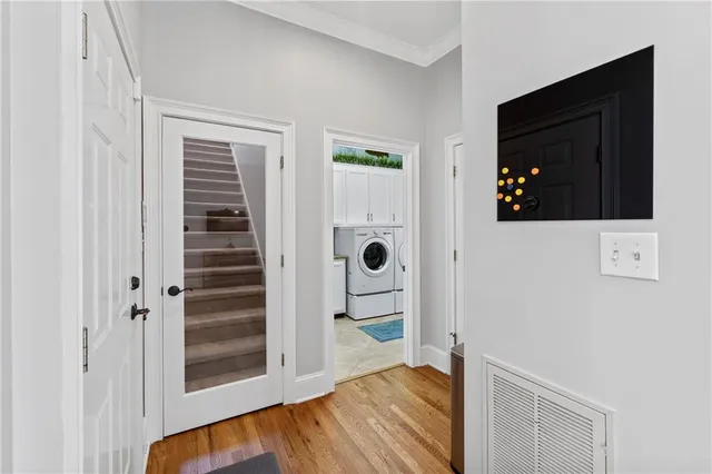 a view of a wooden deck with a bench