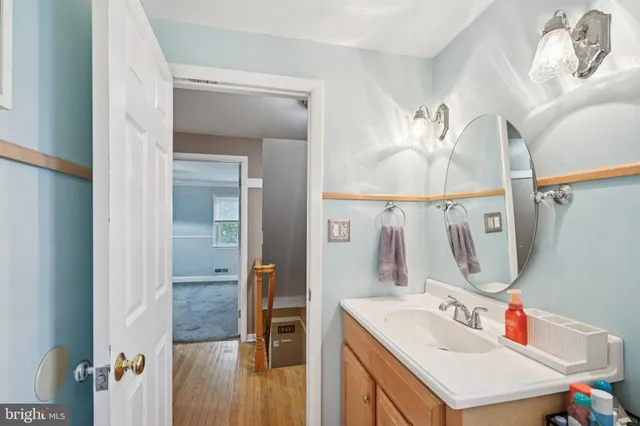 a bathroom with a sink vanity and a mirror