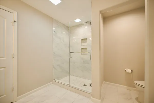 a bathroom with a shower and a toilet