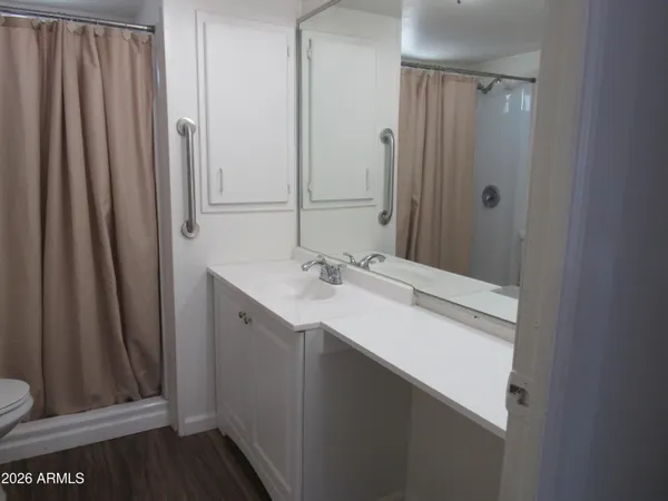 a bathroom with a sink a toilet and shower