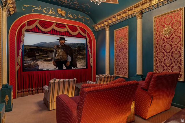 5615 East Eight Mile Gap Road Kanab, UT 84741 - Photo 37 of 81 Home theater with carpet and vaulted ceiling
