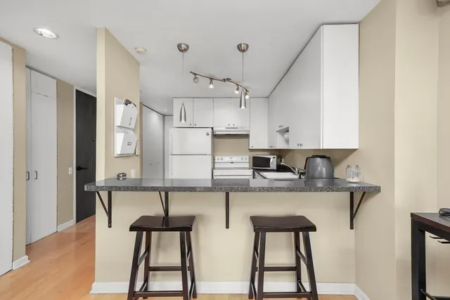 a kitchen with stainless steel appliances granite countertop a sink and a refrigerator