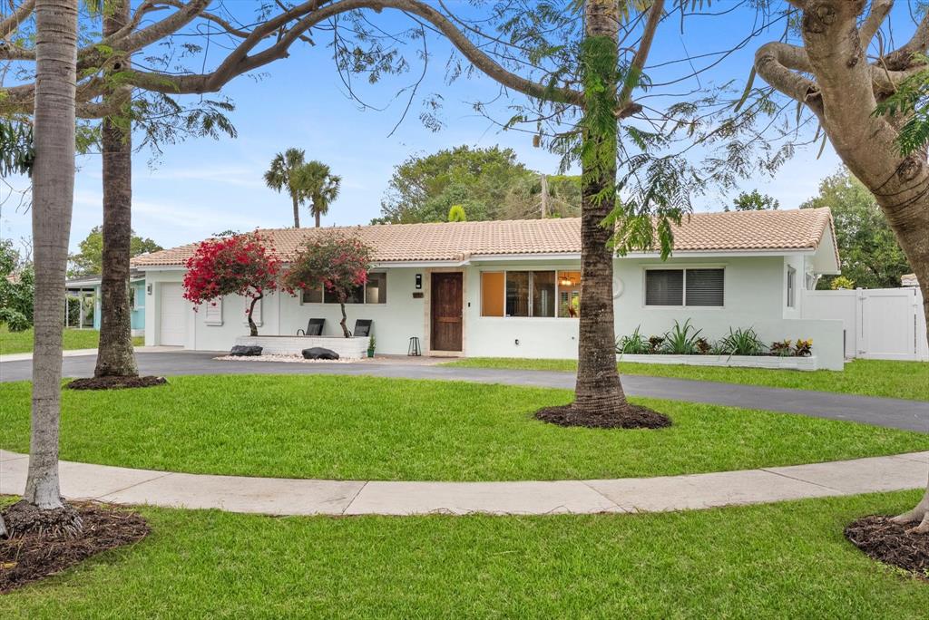 a front view of a house with a garden and tree