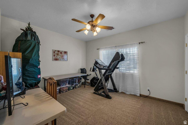 841 1010 S Street St. George, UT 84790 - Photo 16 of 33 Workout room with light colored carpet, ceiling fan, and a textured ceiling