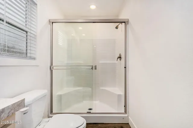 a bathroom with a shower and a toilet