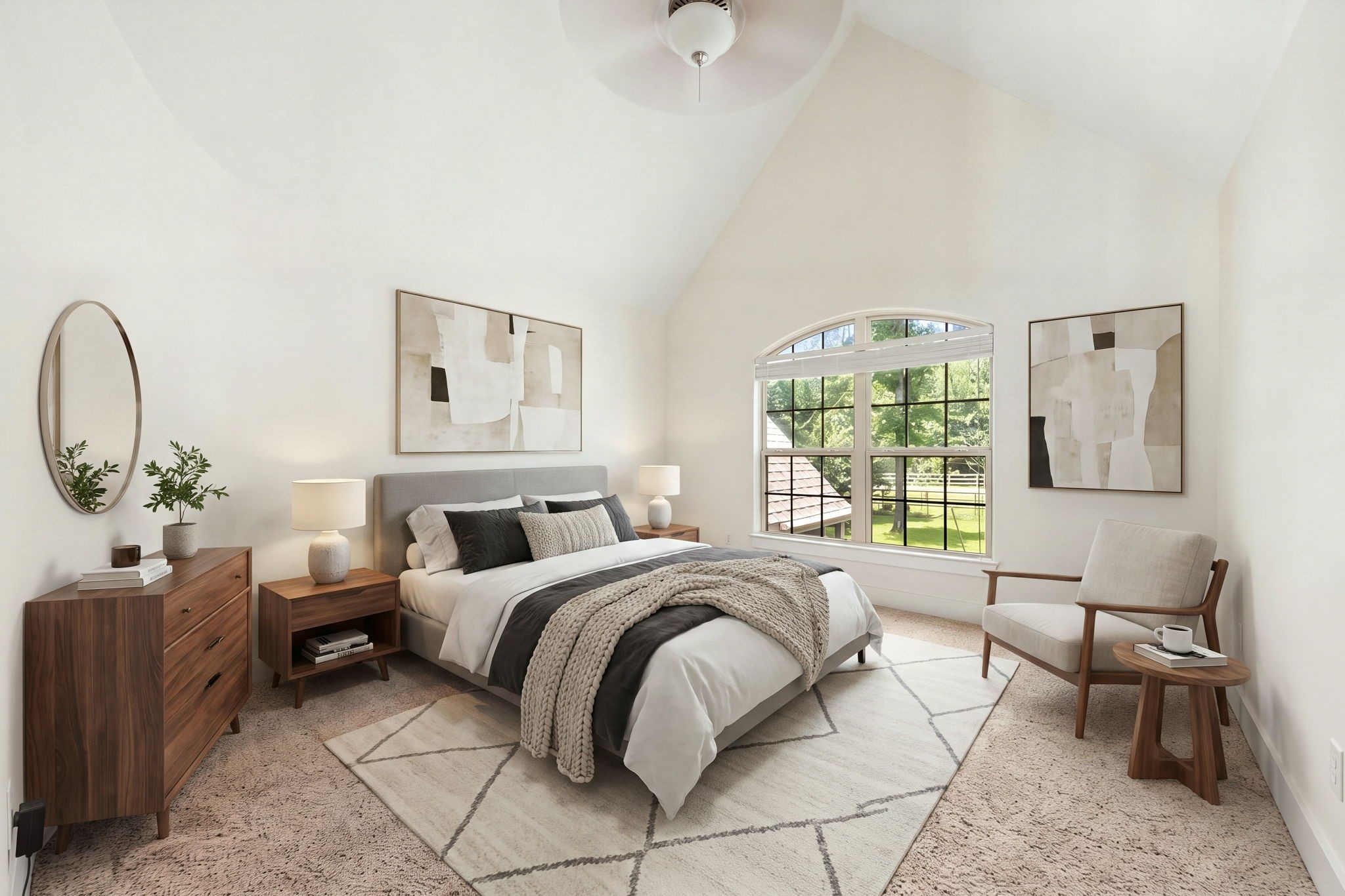 1904 Boulder Ridge Drive Conroe, TX 77304 - Photo 31 of 37 This beautiful secondary bedroom features a towering vaulted ceiling equipped with a central ceiling fan. A large arched window floods the room with beautiful natural light and offers a peaceful view of the outdoors. *Virtually Staged