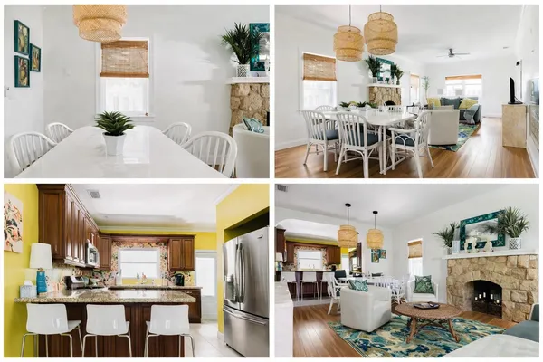 a living room with furniture a fireplace and a counter top space