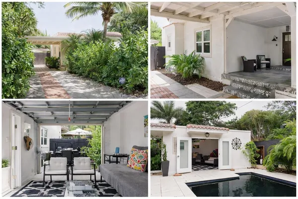 a view of a house with backyard and sitting area