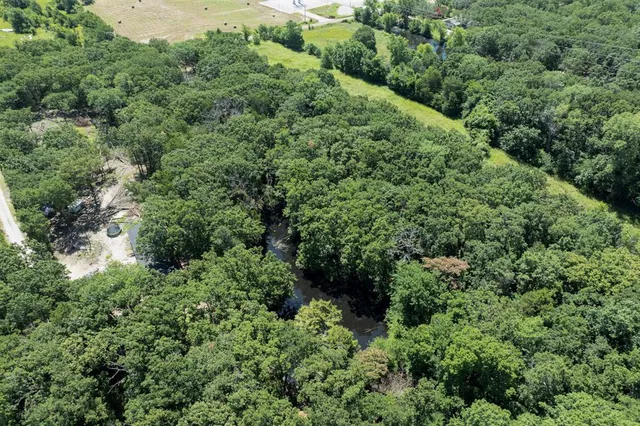 an aerial view of a forest with houses