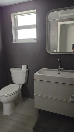a bathroom with a toilet sink and mirror